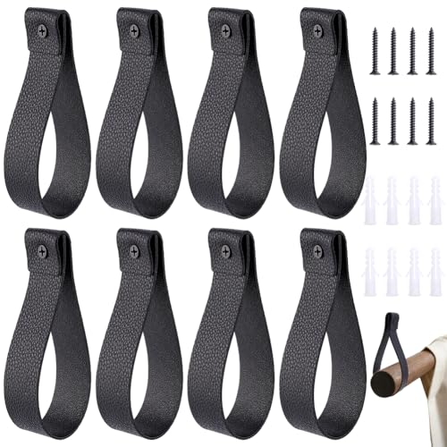 8PCS 10.55 Inch Black PU Leather Curtain Rod Bracket Straps Wall Hooks with Screws