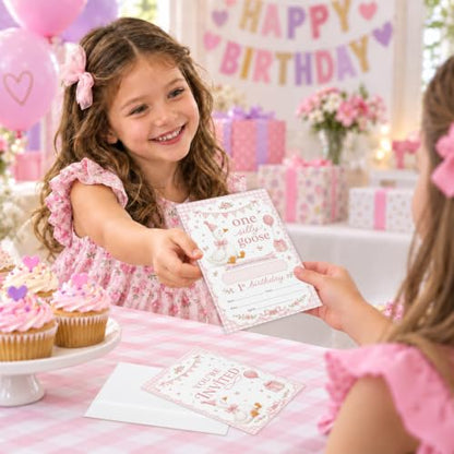 Pink Goose 1st Birthday Invitations - Silly Goose Theme, 20 Pack, 4x6 Inches, Pink Variation