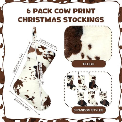 6 Pcs 20-Inch Faux Fur Christmas Stockings with Cowprint Design