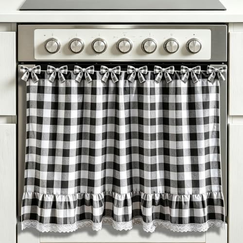 Black and White Check Oven Skirt Curtain with Lace Trim - 30x21 Inch, Variation of Black and White Check