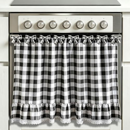 Black and White Check Oven Skirt Curtain with Lace Trim - 30x21 Inch, Variation of Black and White Check