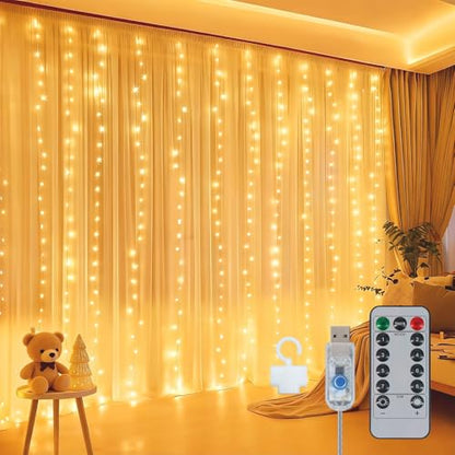 300 LED Fairy Curtain Lights with Remote & Timer - Warm White, 9.8ft x 9.8ft, Dimmable, USB Powered for Indoor & Outdoor Decor