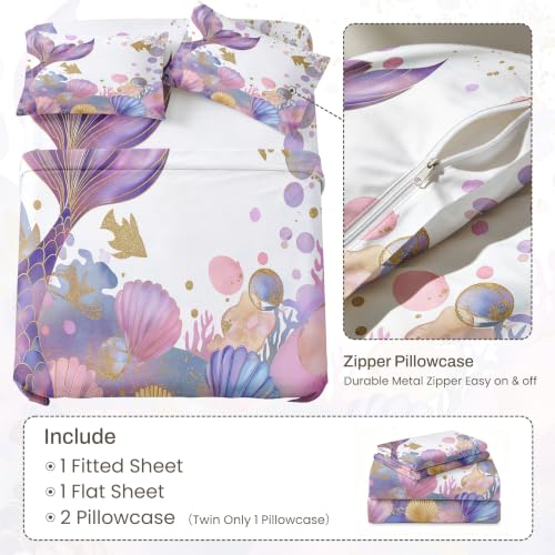 White Gold Mermaid Queen Bedding Set - 4 Piece Underwater Girl Sheet Set