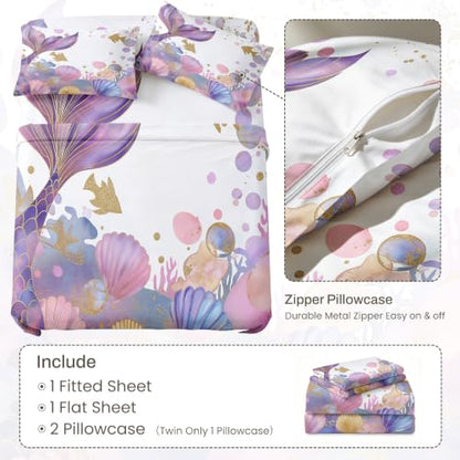 White Gold Mermaid Queen Bedding Set - 4 Piece Underwater Girl Sheet Set