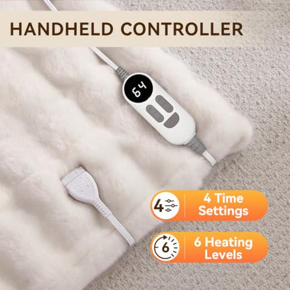 Electric Heated Blanket Throw with 6 Heat Levels and Auto-Off 50x60 White Faux Rabbit Fur