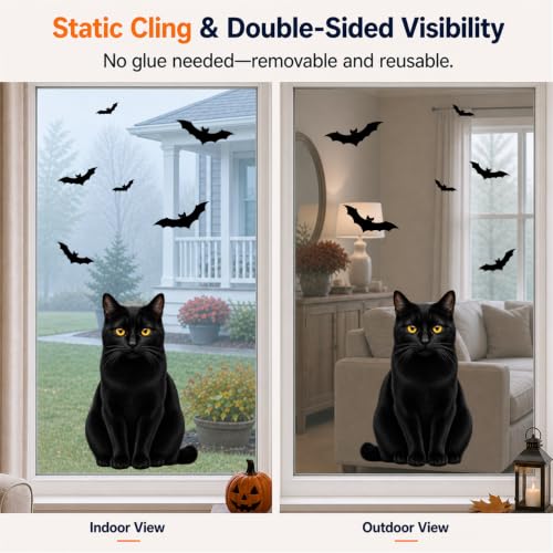 Funny Halloween Black Cat Window Clings - 6 Sheets Static Decor for Glass & Mirrors