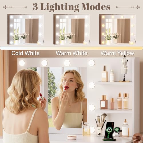 YesHom y 35.4" Vanity Desk with Mirror & Lights, USB-C/USB-A Ports, 2 Drawers & 1 Cabinet, Clean White