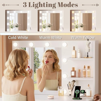 YesHom y 35.4" Vanity Desk with Mirror & Lights, USB-C/USB-A Ports, 2 Drawers & 1 Cabinet, Clean White