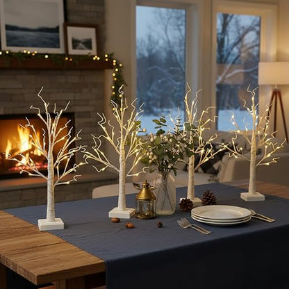 Lighted Birch Trees Set of 4 with Timer - 2FT Indoor Decorative LED Trees with USB or Battery Power, White Light for Holiday & Event Decor - Variation of 4 Pack 24LT White Birch
