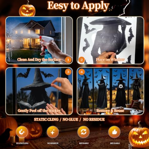 4 Large Halloween Window Clings for Decorations - Spiders, Bats, Pumpkins