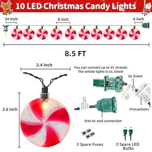 PASUTO 8.5Ft Candy String Lights with 10 LED Bulbs for Christmas Decorations - Indoor & Outdoor Holiday Decor