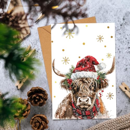 Highland Cow Christmas Greeting Cards Set - Gold Foil Snowflake Watercolor Holiday Note Cards with Envelopes & Stickers - Highland Cow Variation 1