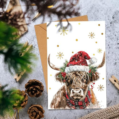 Highland Cow Christmas Greeting Cards Set - Gold Foil Snowflake Watercolor Holiday Note Cards with Envelopes & Stickers - Highland Cow Variation 1