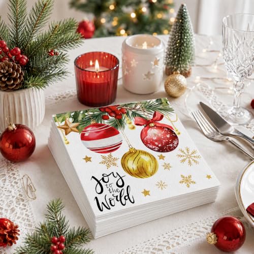 Christmas Joy Disposable Paper Napkins 100 Pack - Red Gold Ornament Pine Snowflake