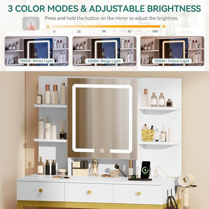 Vanity Desk Set with Mirror, Lights & Outlets - Ivory White