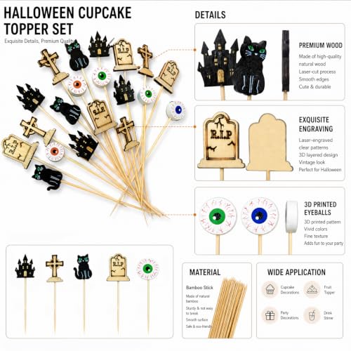 Black Halloween Cocktail Picks 100pcs Eyeball Tombstone Castle Design Party Toothpicks