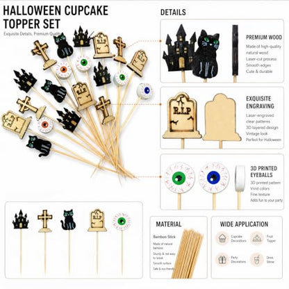 Black Halloween Cocktail Picks 100pcs Eyeball Tombstone Castle Design Party Toothpicks