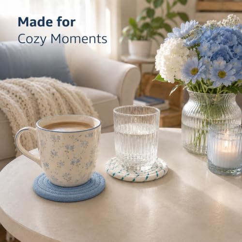 Blue Boho Cotton Woven Drink Coasters Set of 8 with Holder
