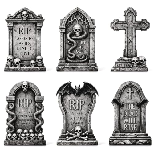 Halloween Tombstones Outdoor Graveyard Decorations 25.6 Inch - 6 Pack, Weatherproof Plastic Set - Spooky Yard Props with Stable Stakes