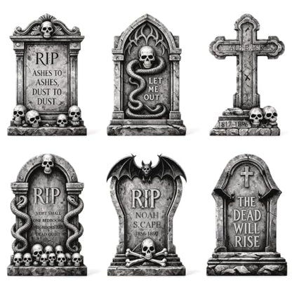 Halloween Tombstones Outdoor Graveyard Decorations 25.6 Inch - 6 Pack, Weatherproof Plastic Set - Spooky Yard Props with Stable Stakes