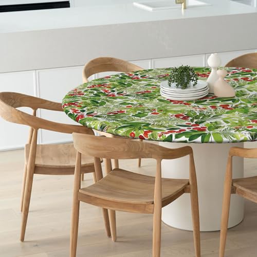 Fitted Christmas Tablecloth 45-56 Inch Round, Holly Fruits Green, 60 Inch