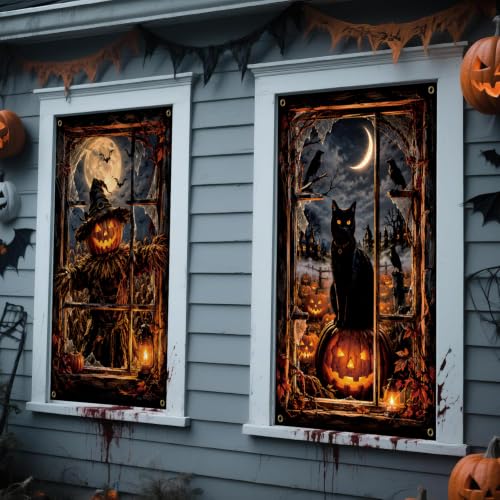 Halloween Window Cover 2PCS Pumpkin Cat Decorations Spooky Home Decor