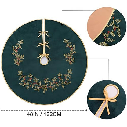 Dark Green Velvet Christmas Tree Skirt 48 Inch with Holly Embroidery - Holiday Decor