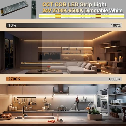 CCT COB LED Strip Light Kit 32.8ft Dimmable Tunable White 2700K-6500K with Smart Transformer, Remote & App Control - 1 Roll