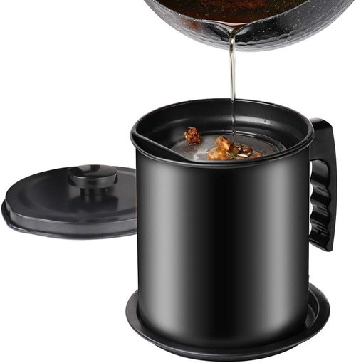 Cambom Bacon Grease Container - 1.3L Cooking Oil Can with Fine Mesh Strainer & Removable Coaster Tray - Black