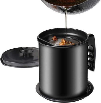 Cambom Bacon Grease Container - 1.3L Cooking Oil Can with Fine Mesh Strainer & Removable Coaster Tray - Black