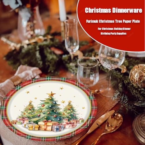 Christmas Paper Plates Set - 25 Disposable Holiday Tableware with Plaid Tree Print