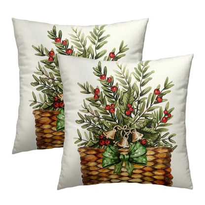 Winter Botanical Throw Pillow Covers 16x16 Inch Set of 2 Pine Branches Red Berries Basket