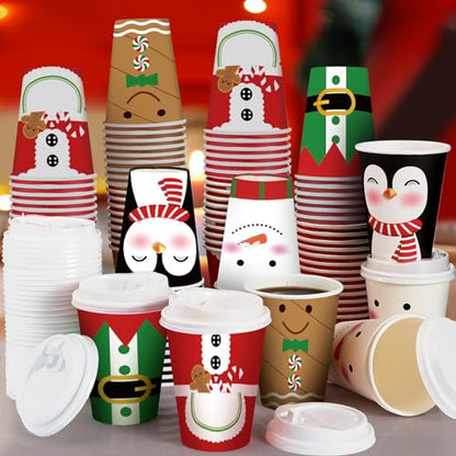 Christmas Paper Cups with Lids 12 oz - Cute Style, 100 Pack