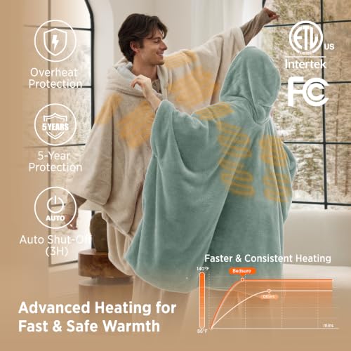 Bedsure Green Cordless Wearable Heated Blanket Hoodie with Pockets - Emerald Green, 55" x 69"