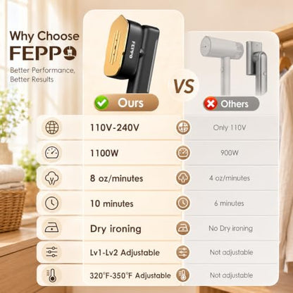 FEPPO Travel Steamer for Clothes Black-Gold Dual Voltage Handheld 2-in-1