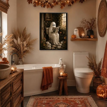 Halloween Ghost Wall Art Canvas Print - Reading Ghost in Bathroom 8x10