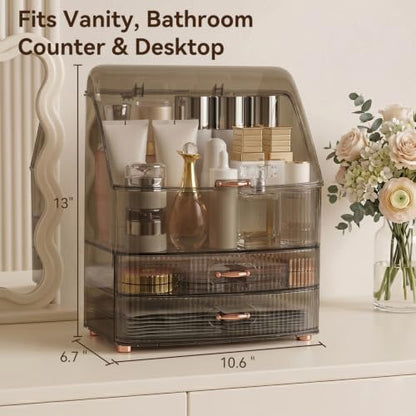 Clear Makeup Organizer Countertop with Lid & 2 Drawers for Vanity