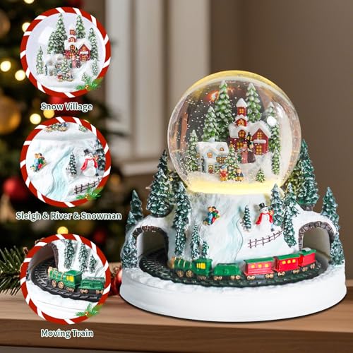 Christmas Snow Globe with Rotating Train and Color Changing Lights - Snow Scene Music Box - Christmas Village Scene - Gift for Kids and Adults