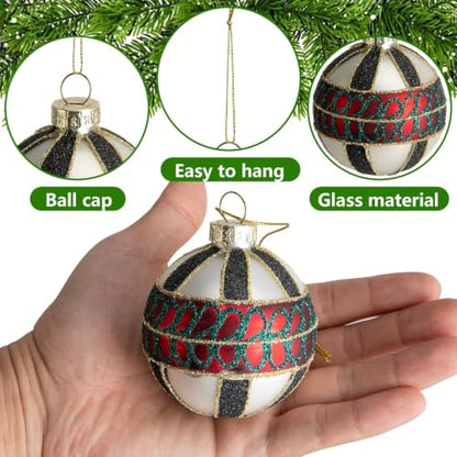 6 Pcs Christmas Buffalo Plaid Glass Hanging Ornaments - Red Green Black White