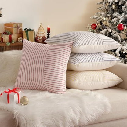 Christmas Pillow Covers 20x20 Set of 2 Red and Cream Striped Linen Decorative Cushion Covers for Couch Bedroom Holiday Decor - Variation of Red / 20" x 20"