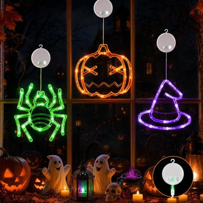 Rechargeable Halloween Window Lights 3 Pack - Spider, Pumpkin, Hat Variations