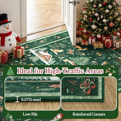 Green Christmas Runner Rug 2x10 Non Slip Washable Hallway Entryway