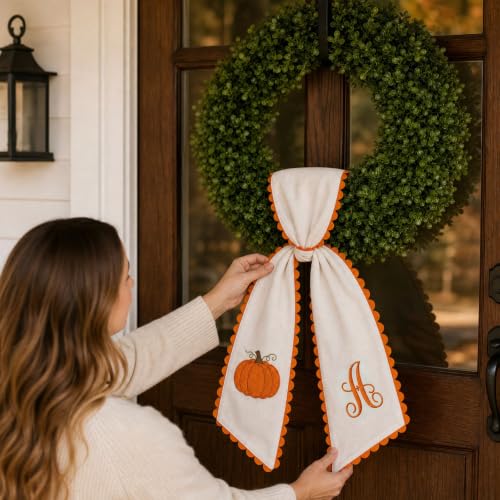 Fall Wreath Sash with Embroidered Pumpkins and Initials - Orange Scalloped Trim - Indoor Outdoor Decor - Variation S