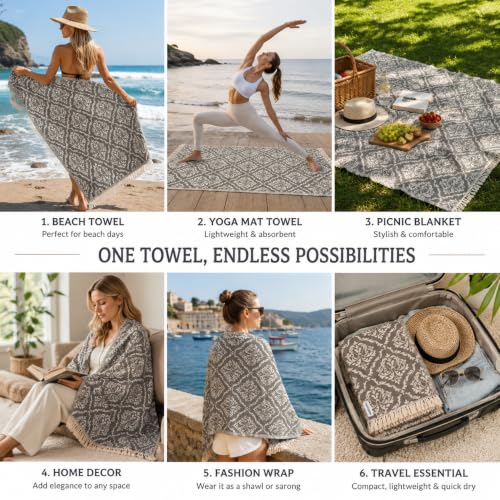 Turkish Beach Towel Oversized 35x69 Inch Quick Dry Sand Resistant Damask Pattern Taupe Brown & Cream