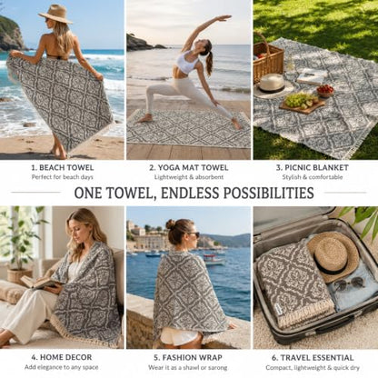 Turkish Beach Towel Oversized 35x69 Inch Quick Dry Sand Resistant Damask Pattern Taupe Brown & Cream