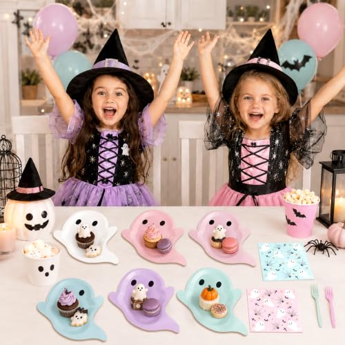 Pastel Ghost Halloween Plates & Napkins Set - Blue & Pink, 72 pcs