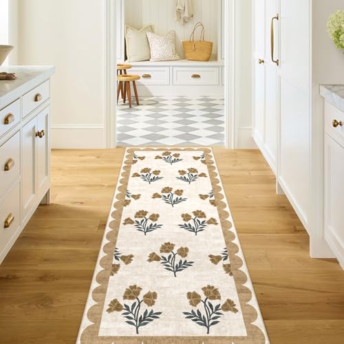 Non Slip Floral Kitchen Runner Rug 2x6 Beige Hallway Rug