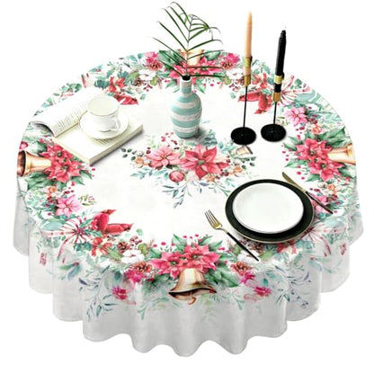 Pink Christmas Round Tablecloth 60 Inch Waterproof Holiday Dinner Cover - Festive Decor