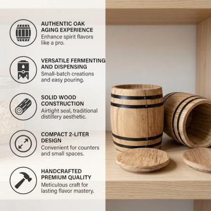 2L Solid Wood Oak Aging Barrel for Spirits and Fermentation - Rustic Home Bar
