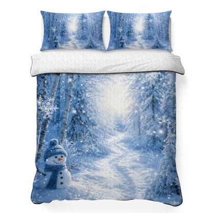 RisQiten Full Size Reversible Quilt Bedding Set with Snowman & Xmas Trees - White Blue, 3 Pieces